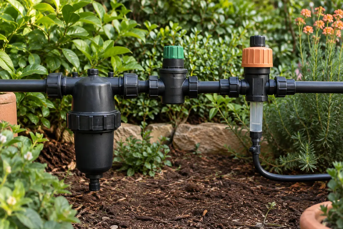 Filtre, régulateur de pression et injecteur installés sur une conduite d’irrigation