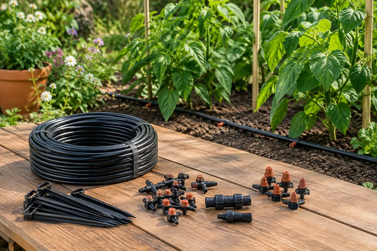 Kit d’arrosage goutte à goutte et piquets de fixation près d’une ligne