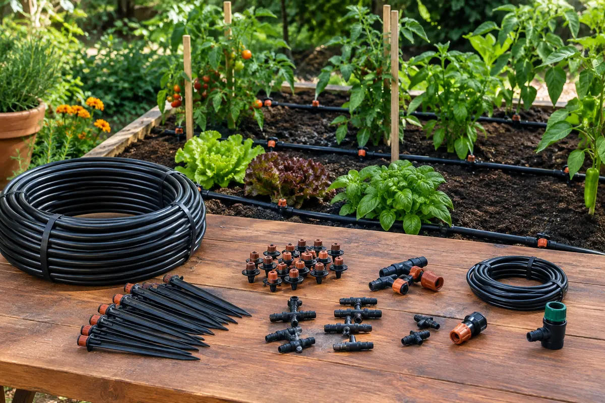 Kit de goutte-à-goutte avec tuyaux, raccords et goutteurs pour potager