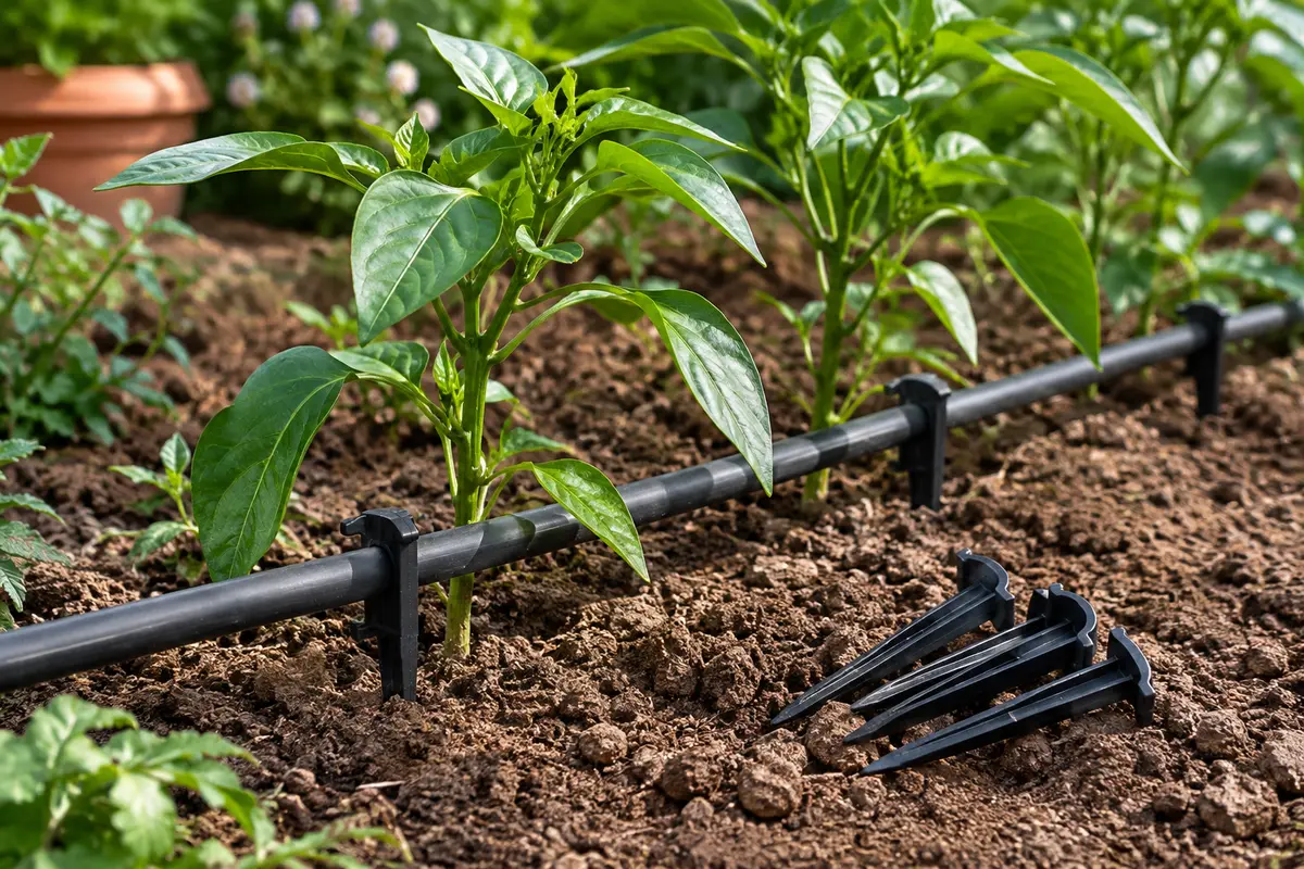 Piquets noirs fixant un tuyau d’irrigation au pied de jeunes plants