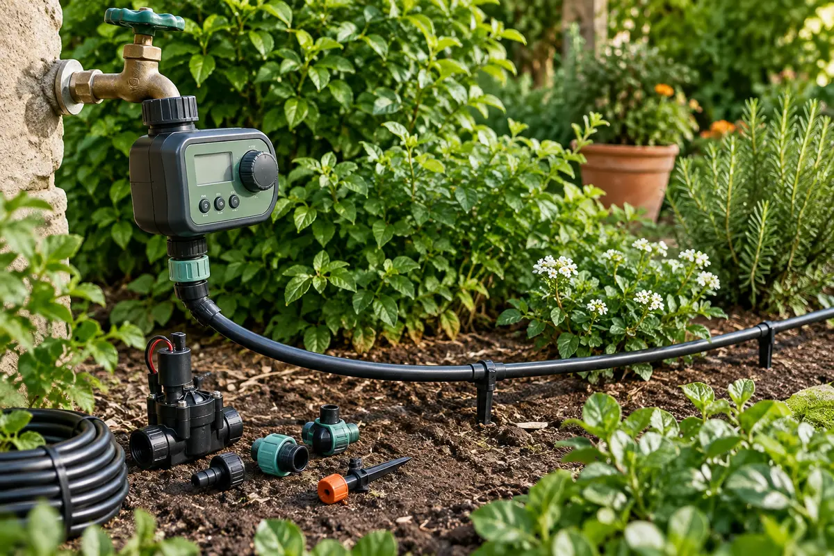 Programmateur d’arrosage monté sur un robinet près d’une conduite goutte à goutte