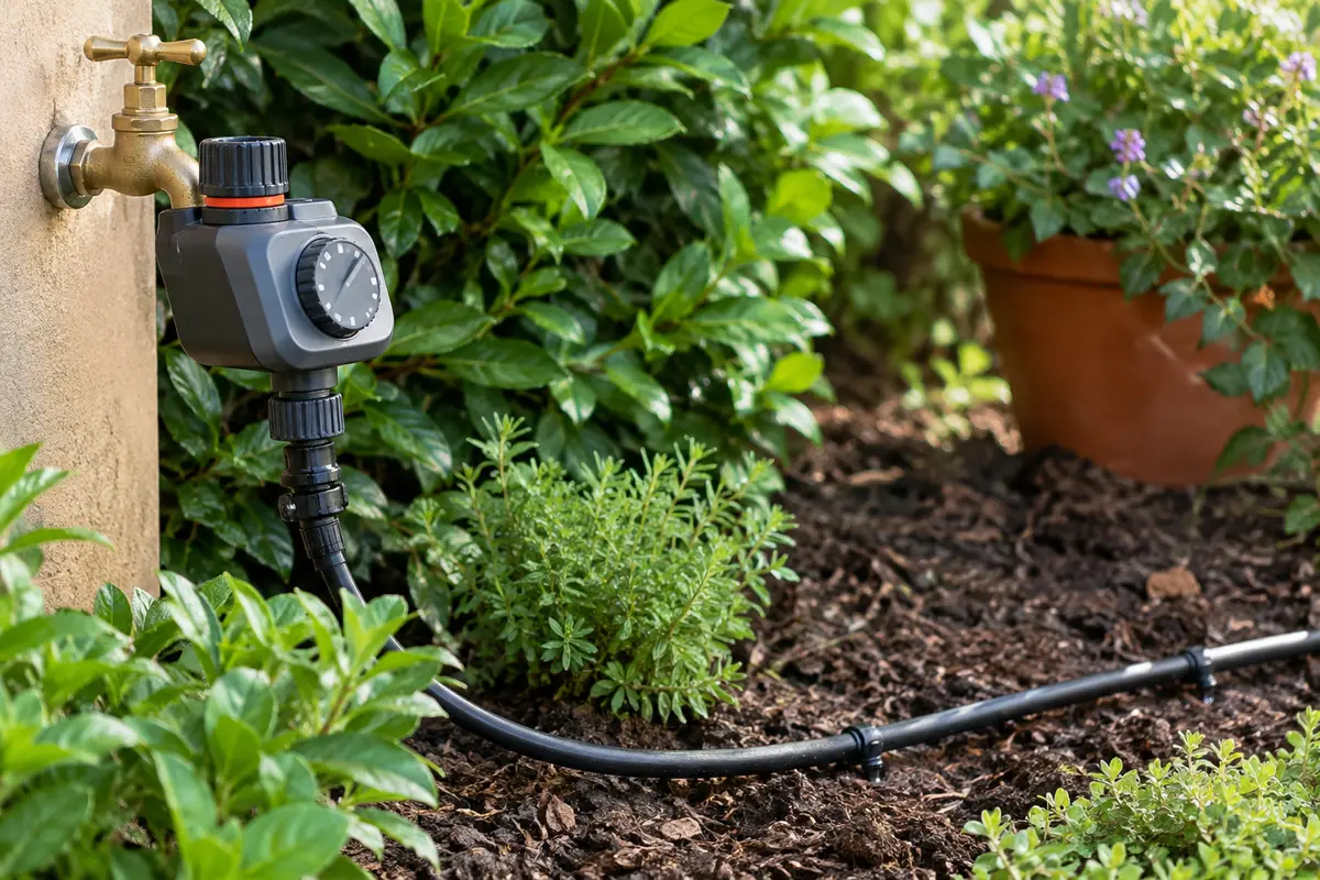 Programmateur fixé sur un robinet extérieur relié à un tuyau d’irrigation