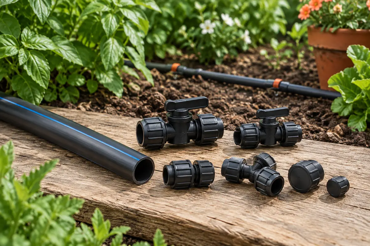 Raccords noirs, vanne et bouchons d’irrigation disposés près d’un tuyau