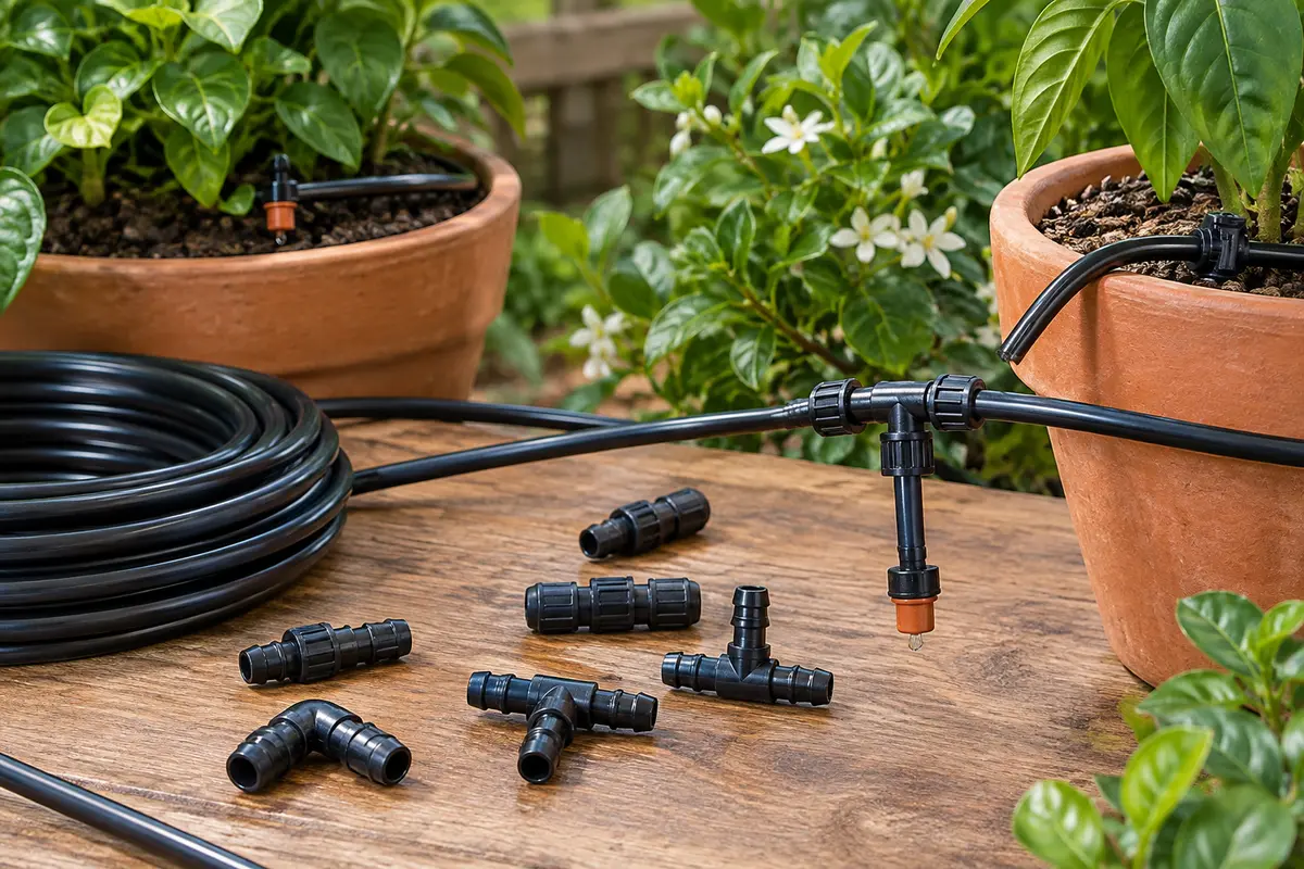 Raccords noirs de micro-irrigation alignés avec des microtubes fins