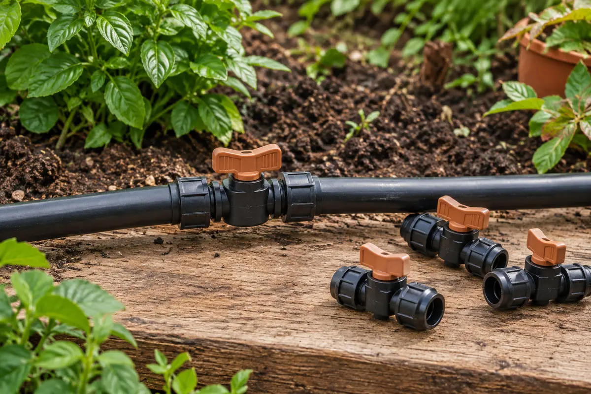 Vanne en ligne montée sur un tuyau noir d’irrigation au jardin