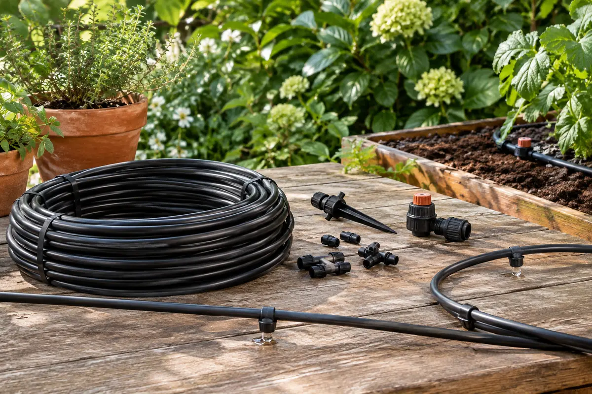 Tuyaux d’irrigation, goutteurs et microtubes disposés près de plantes vertes