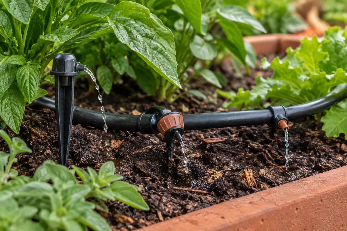 Goutteurs d’irrigation à piquer posés près d’un microtube noir