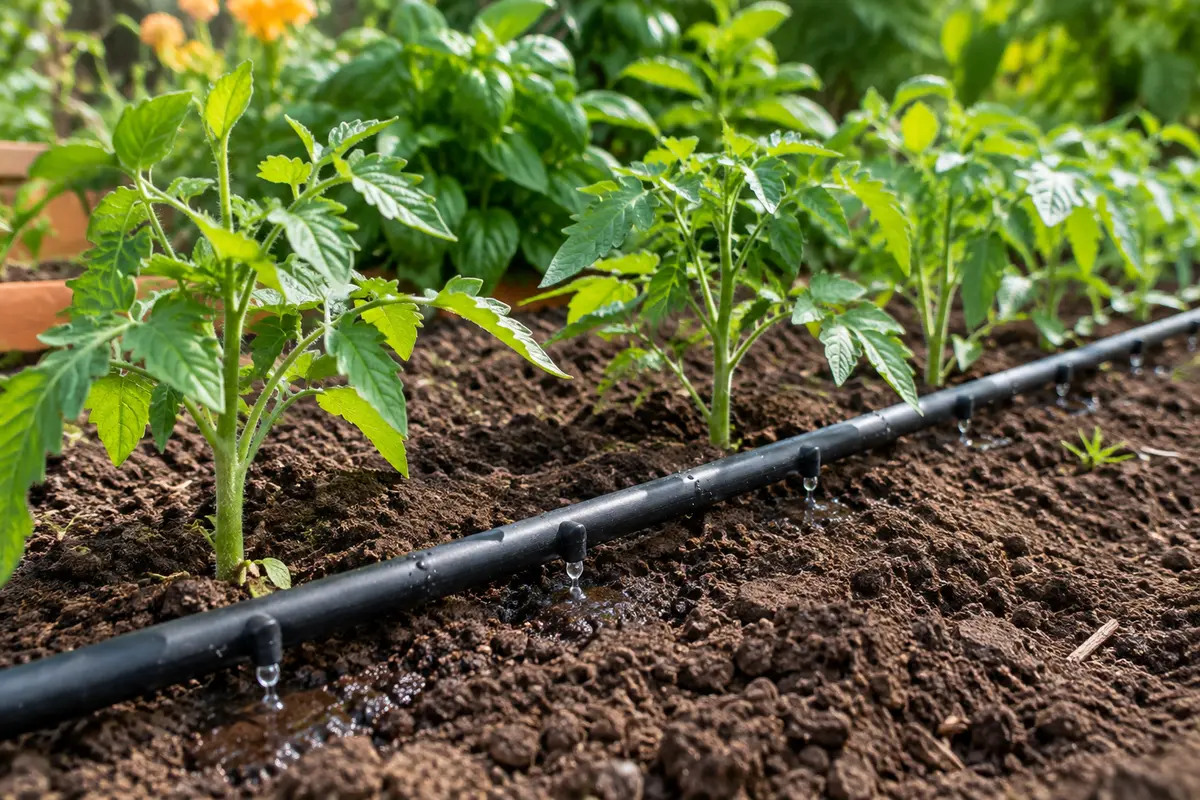 Ligne de goutte-à-goutte intégrée posée au pied de jeunes plants