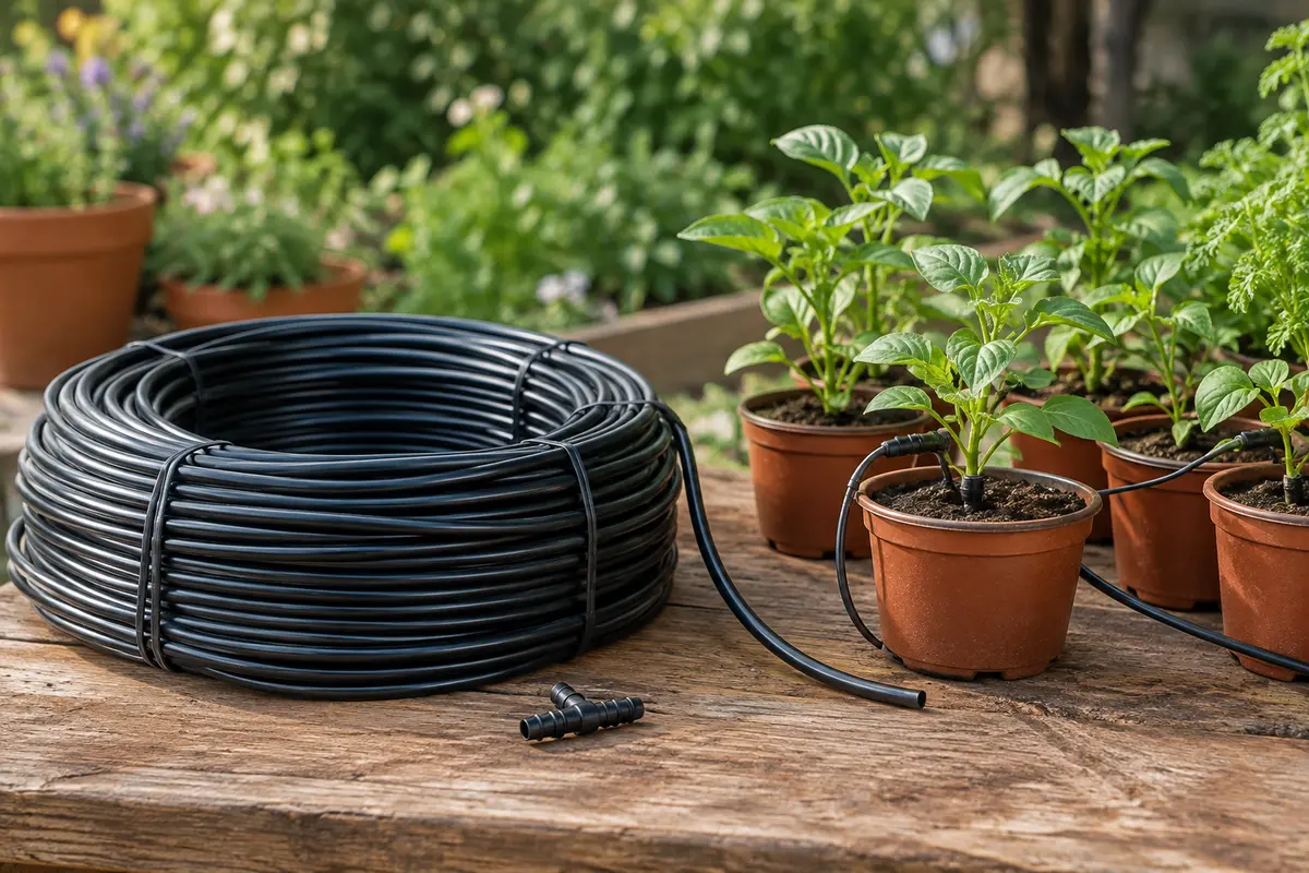 Microtubes noirs d’irrigation enroulés près de pots de jeunes plants