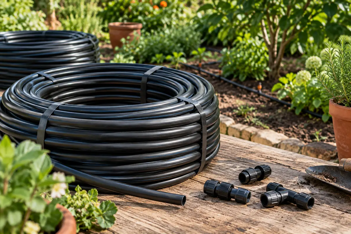 Couronnes de tuyau PE noir pour irrigation posées dans un jardin