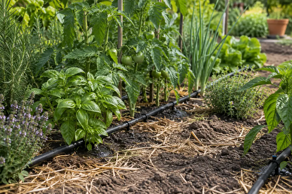 Ligne de goutte-à-goutte au pied des légumes, avec un sol paillé à contrôler selon la météo.