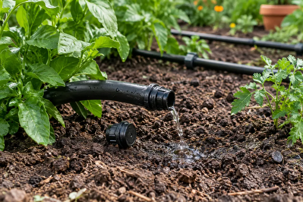 Bouchon retiré au bout d’un tuyau d’irrigation goutte à goutte pendant un rinçage