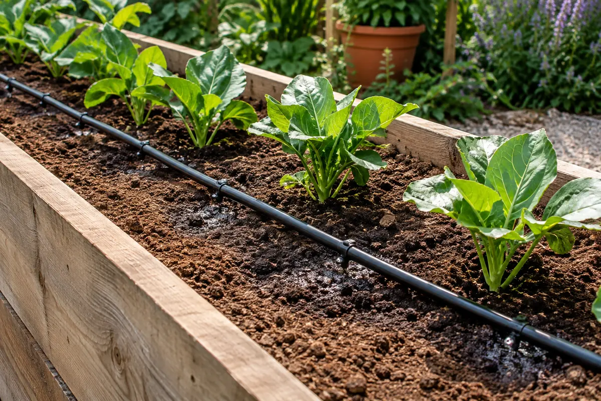 Ligne de goutte-à-goutte répartie le long d’une jardinière de jeunes plants