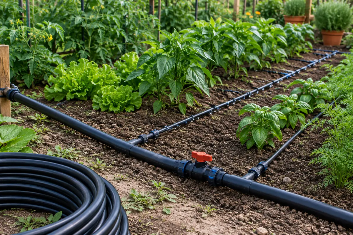 Conduite principale en polyéthylène alimentant plusieurs lignes d’irrigation dans un potager