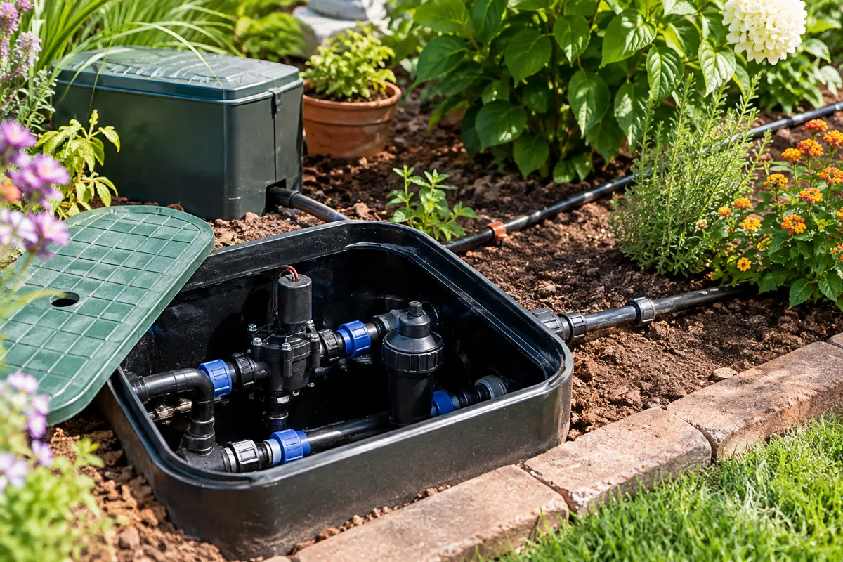 Électrovanne raccordée à des conduites PE et à une ligne goutte à goutte dans un jardin
