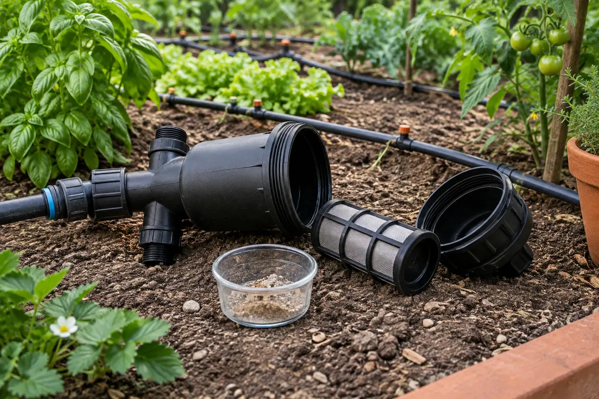 Filtre d’irrigation démonté près d’une conduite, avec son tamis et des particules de sable visibles.