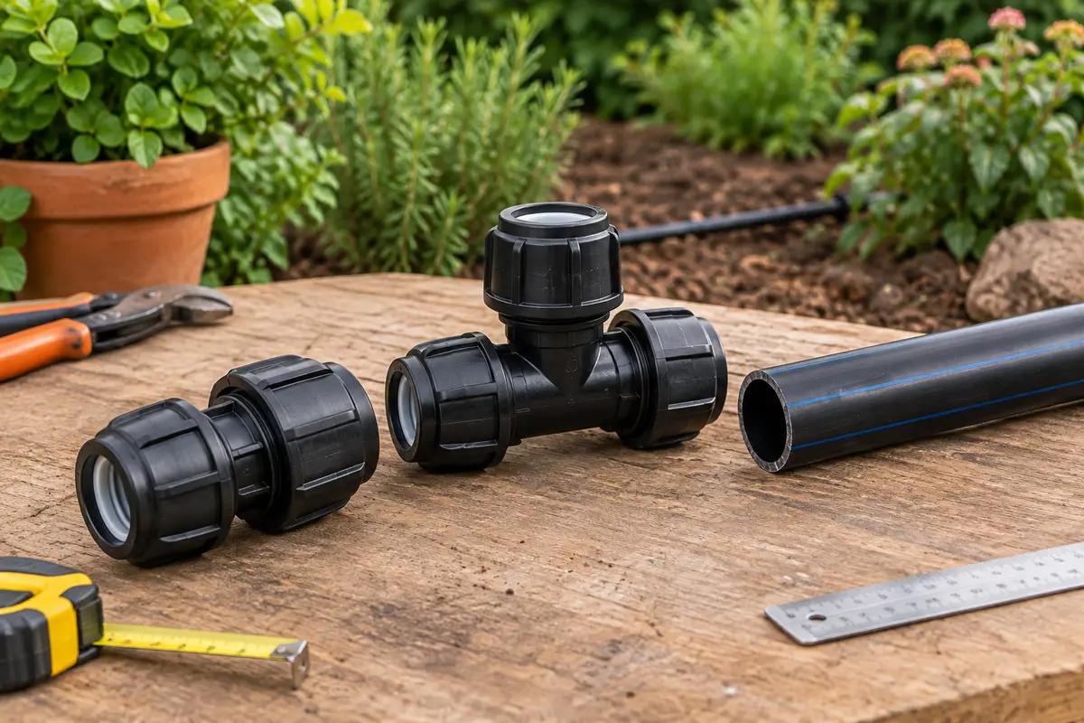 Raccords à compression noirs et tuyau en polyéthylène préparés pour un branchement d’irrigation