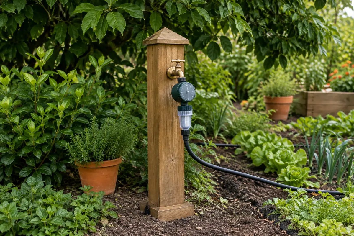 Programmateur d’arrosage sur le robinet d’une borne de jardin, raccordé par un filtre à une conduite du potager