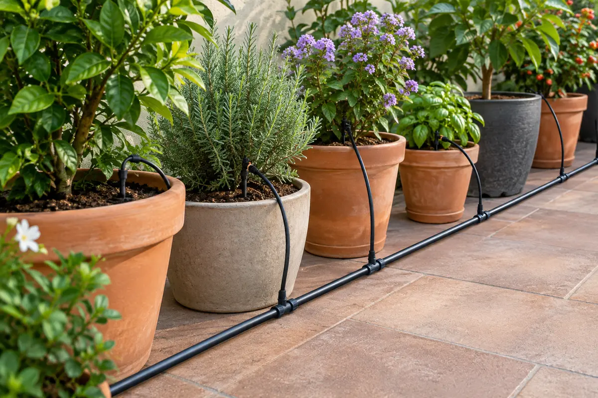 Microtubes reliant une conduite principale à des goutteurs dans des pots disposés sur une terrasse.