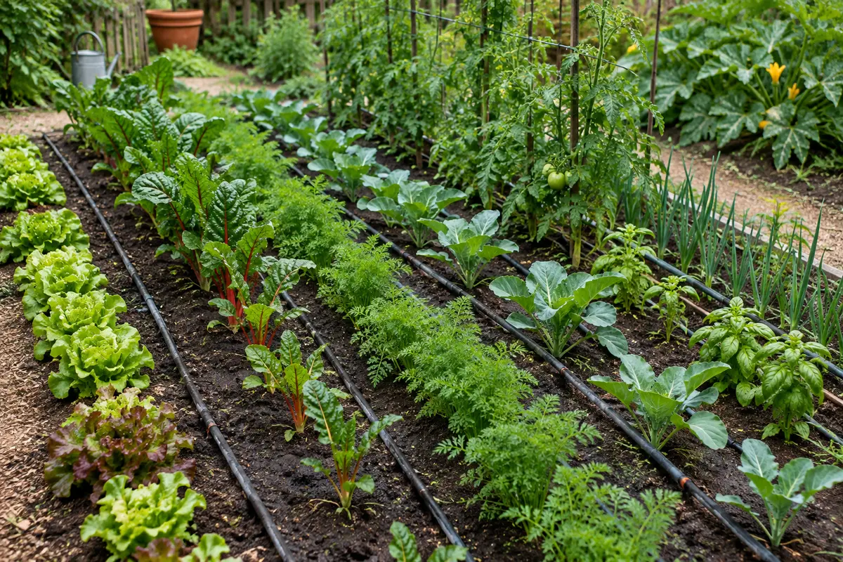 Lignes de goutte-à-goutte espacées entre les rangs d’une planche de potager