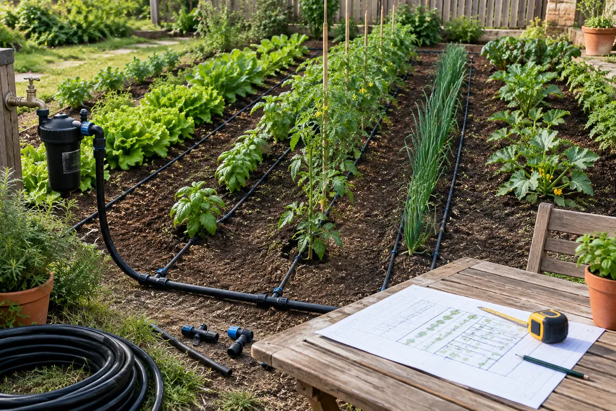 Plan de potager et conduites d’irrigation réunis pour préparer la liste des composants