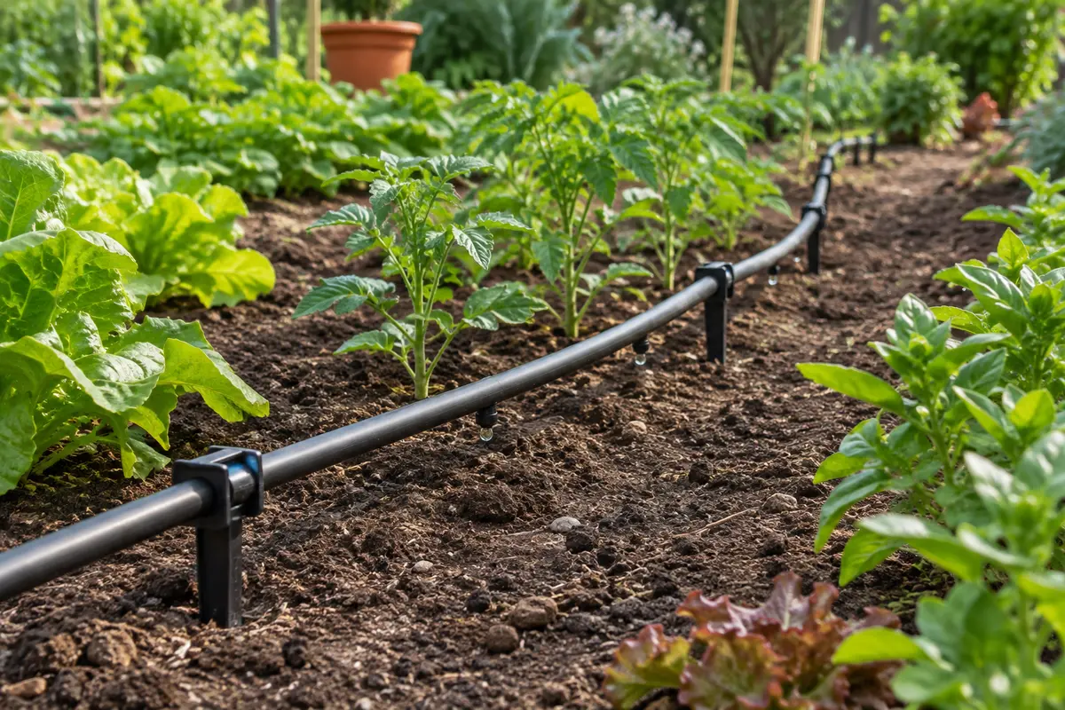 Piquets maintenant une ligne d’irrigation au sol, avec tuyau non pincé et goutteurs dégagés.