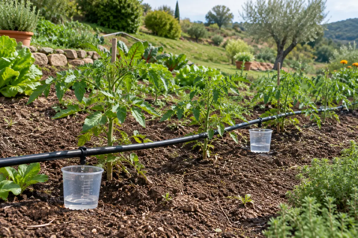 Ligne de goutte à goutte sur une pente avec des récipients pour comparer le débit des goutteurs