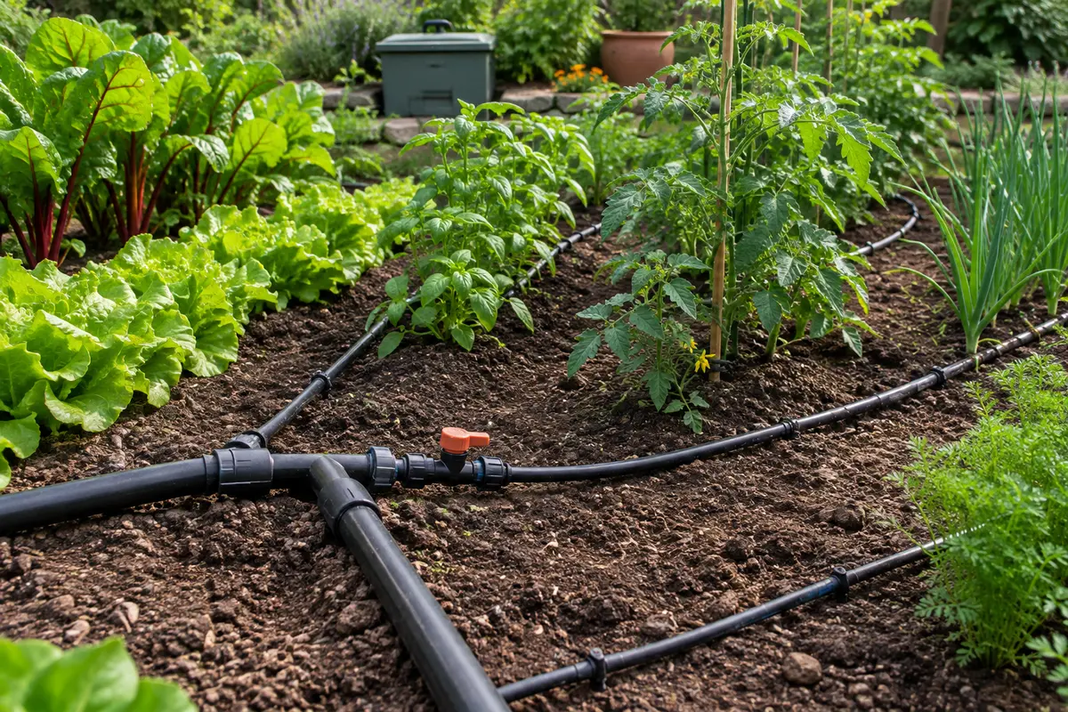 Vanne accessible installée sur une branche d’irrigation goutte à goutte près d’une dérivation
