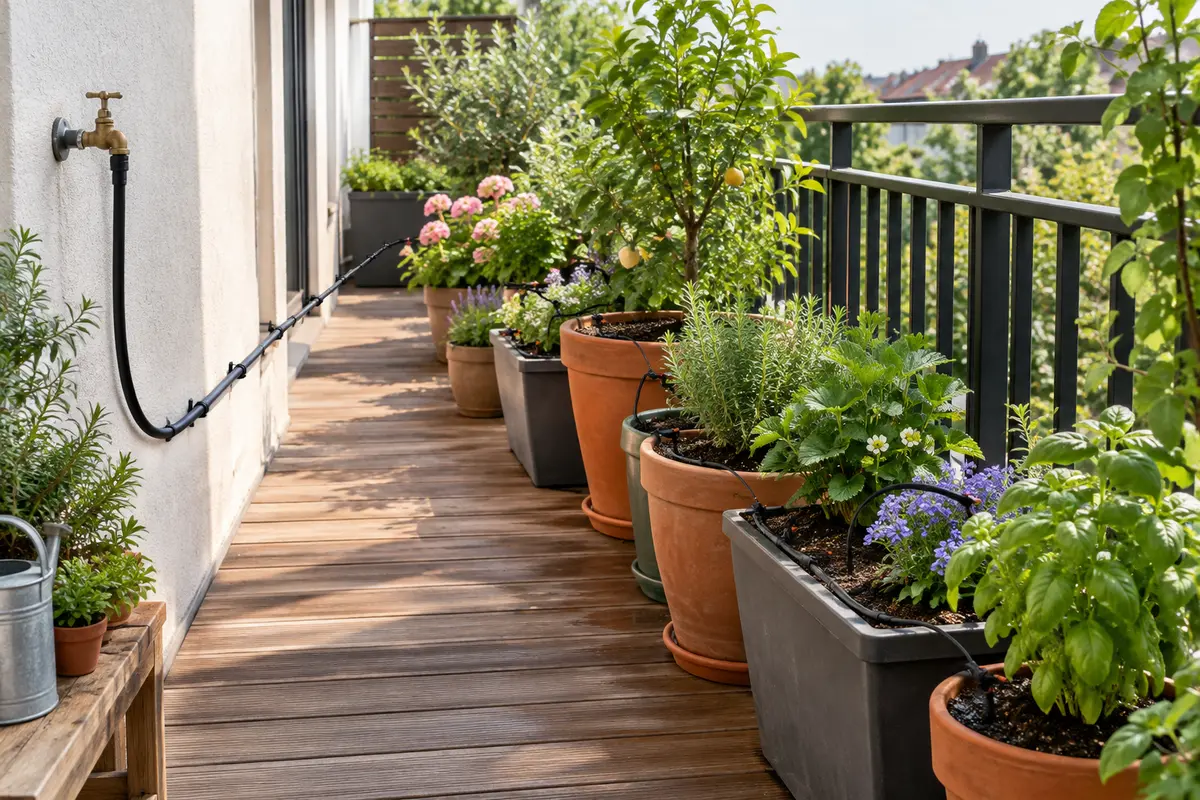 Conduite d’irrigation longeant un balcon et alimentant plusieurs pots éloignés du robinet par des microtubes.