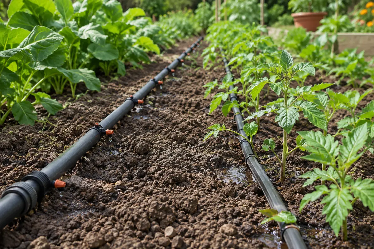 Conduite PE avec goutteurs rapportés et ligne intégrée au pied de rangées de jeunes plants
