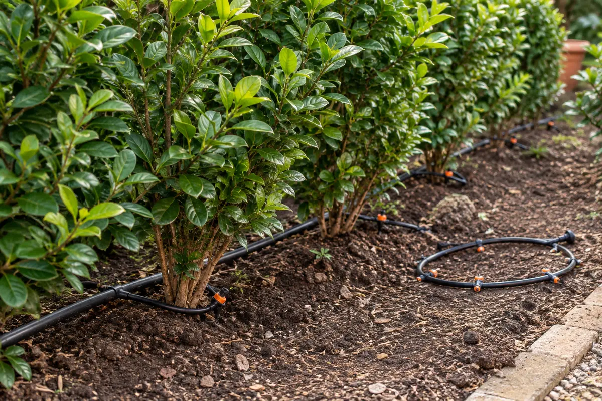 Ligne d’irrigation et goutteurs rapportés posés au pied d’une haie de jardin
