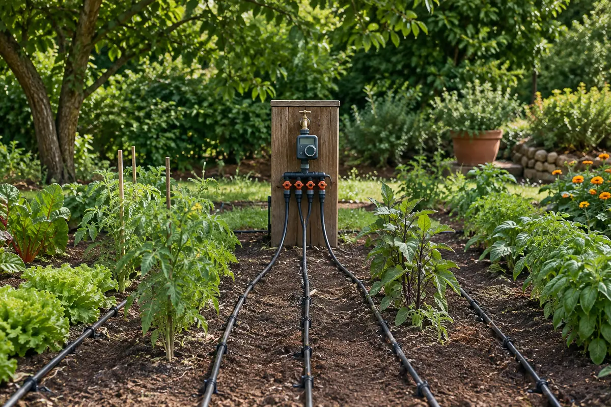 Programmateur sur le robinet d’une borne de jardin, relié à un collecteur à vannes qui alimente plusieurs lignes du potager
