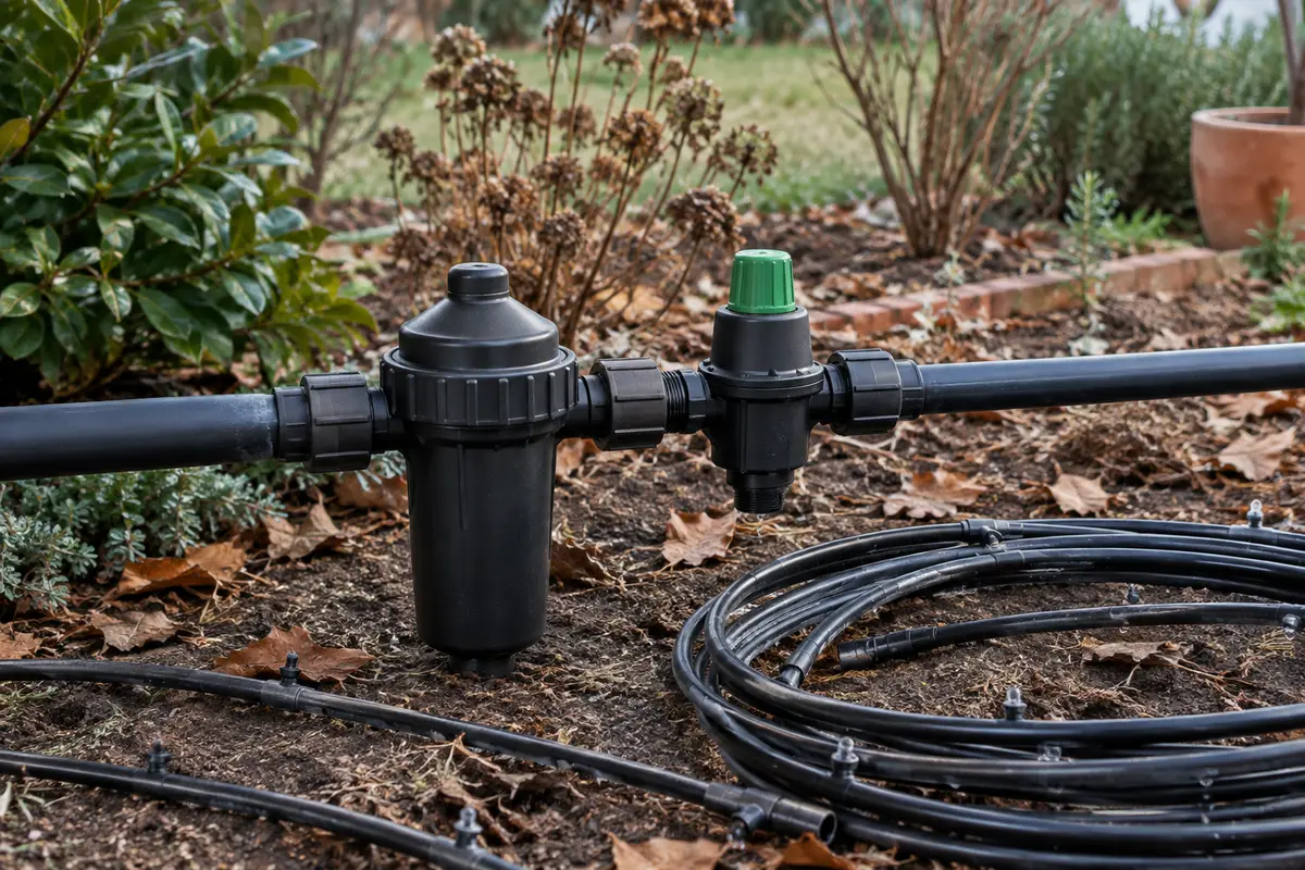 Filtre et régulateur de pression d’un réseau goutte à goutte préparés pour l’hiver
