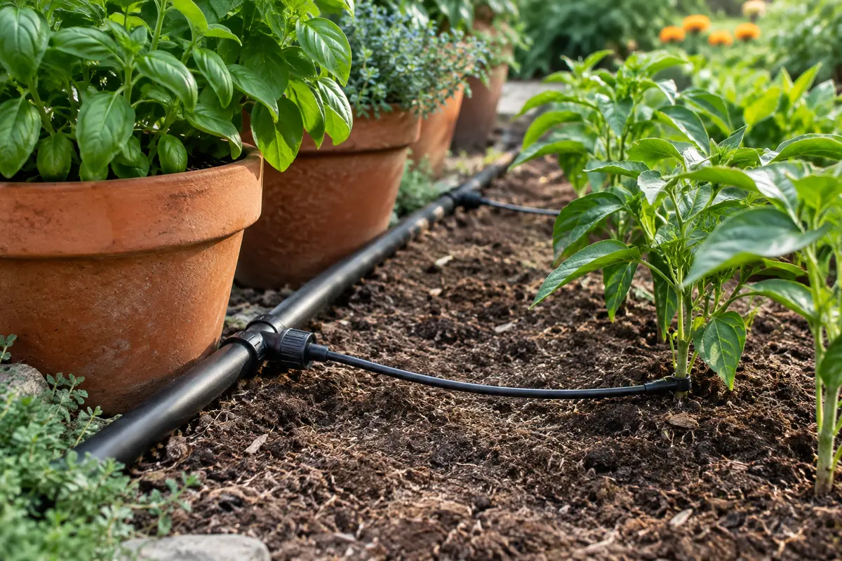 Conduite d’irrigation avec un microtube raccordé et des connexions visibles près des plantes