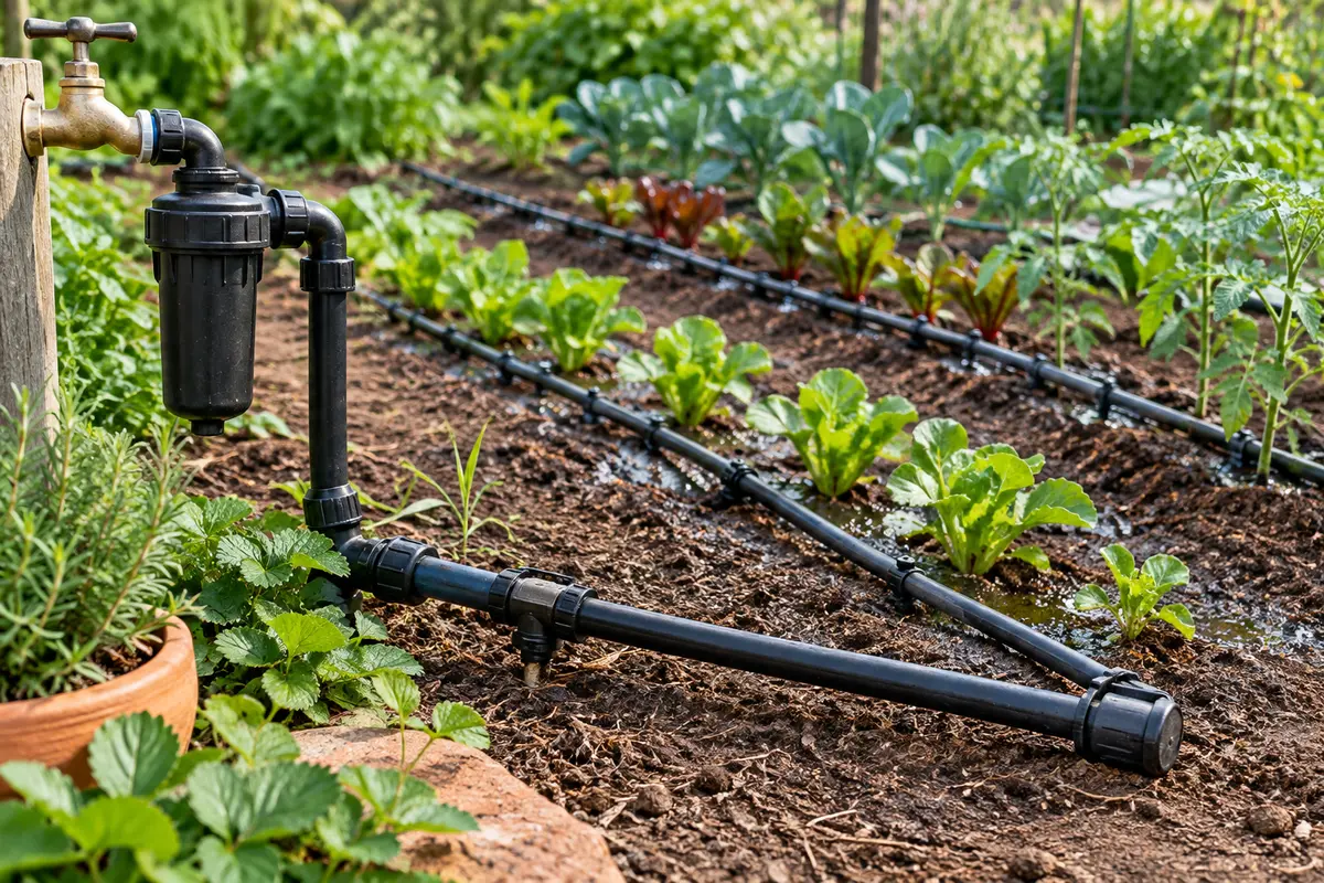 Raccords, conduite PE et filtre d’un réseau goutte à goutte inspectés dans un potager au printemps