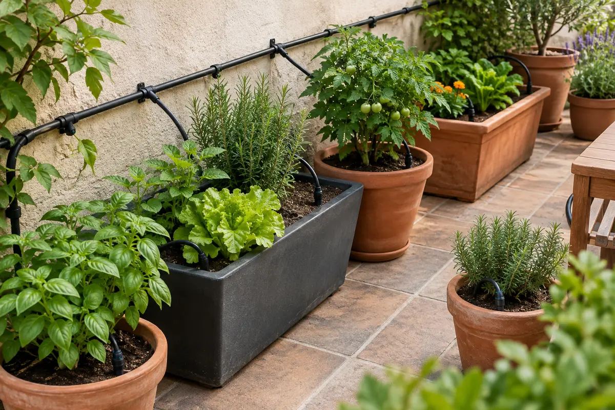 Microtubes fixés le long d’une terrasse et répartis vers des pots et jardinières de tailles variées.