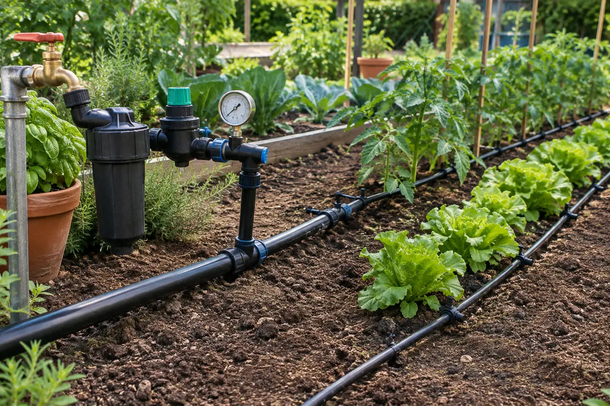 Régulateur de pression et filtre raccordés à une conduite d’irrigation goutte à goutte au potager