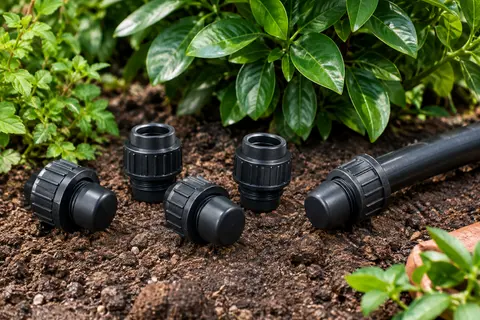 Bouchons plastiques de fin de ligne pour tuyau d’arrosage, dont un installé sur une conduite noire