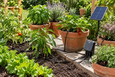 Kit solaire AnseTo avec tuyau noir et goutteurs installés au pied de plantes en pots