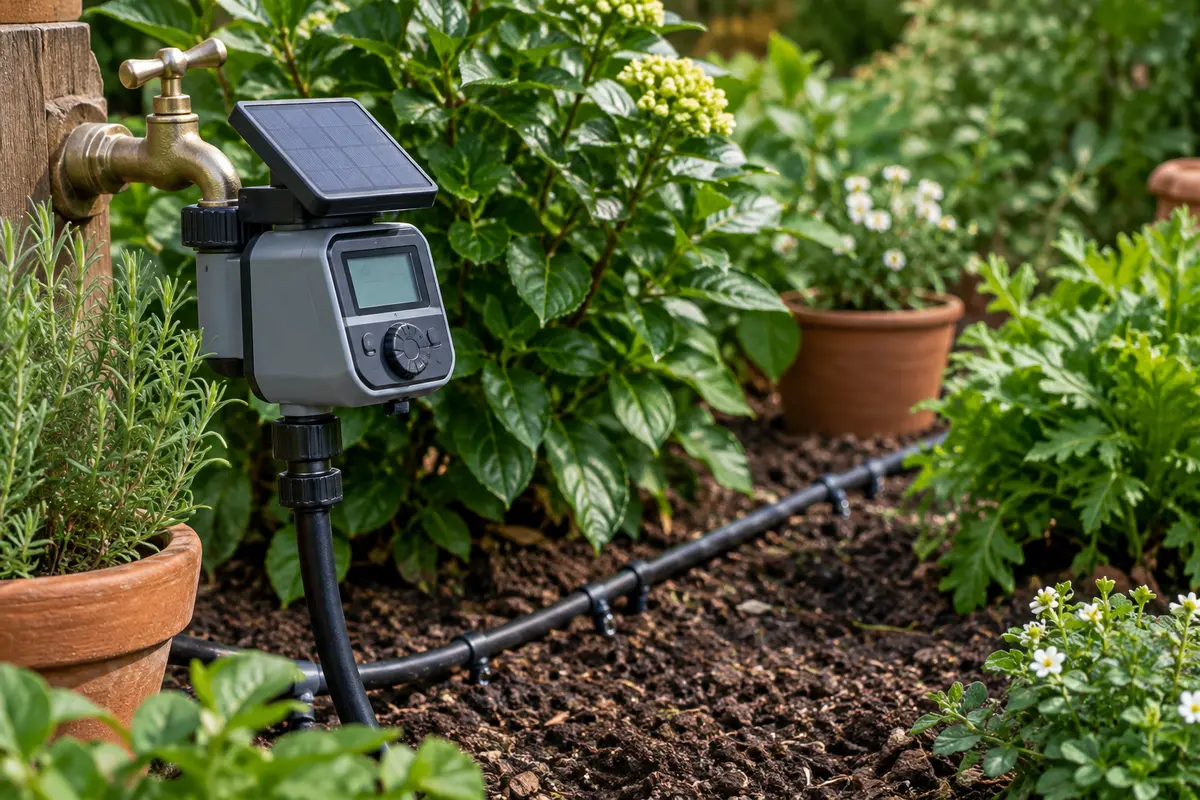 Programmateur d’arrosage solaire gris à écran LCD installé sur un robinet près de pots et d’un tuyau noir