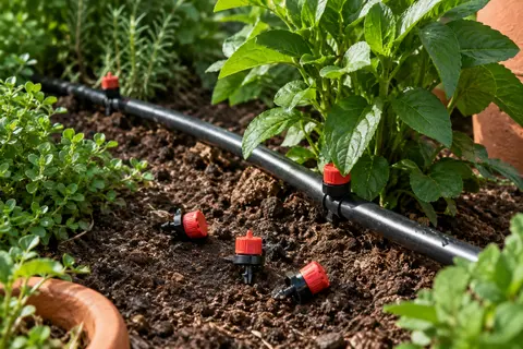 Goutteurs réglables noirs et rouges installés sur un réseau d’arrosage au pied de plantes