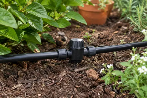 Régulateur de pression Aroz en plastique noir placé près d’une conduite d’arrosage goutte à goutte dans un jardin