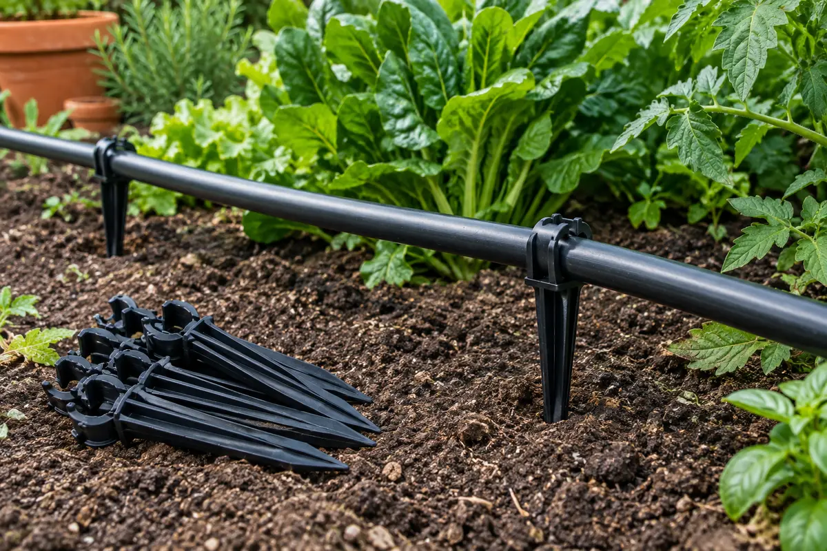 Piquets noirs en plastique ancrant un tuyau d’irrigation goutte à goutte dans la terre du jardin