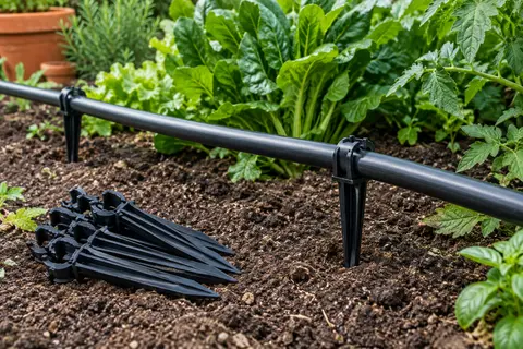 Piquets noirs en plastique ancrant un tuyau d’irrigation goutte à goutte dans la terre du jardin
