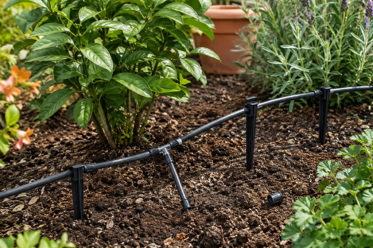 Micro-tuyau d’irrigation avec raccords en T et piquets placé au pied de plantes dans un jardin