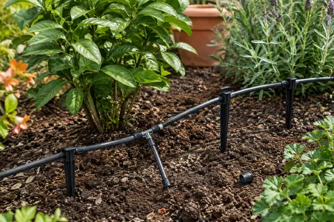 Micro-tuyau d’irrigation avec raccords en T et piquets placé au pied de plantes dans un jardin