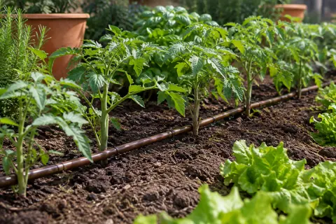 Tuyau goutte-à-goutte marron posé sur la terre au pied de rangs de jeunes plants