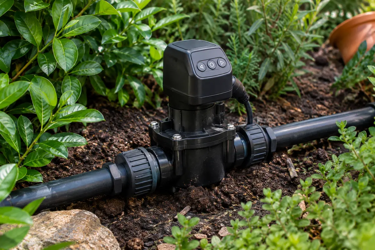 Électrovanne programmable noire installée sur un point d’eau au milieu d’un réseau d’arrosage de jardin