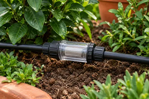 Filtre d’irrigation en ligne noir à corps transparent installé sur une conduite dans un jardin.