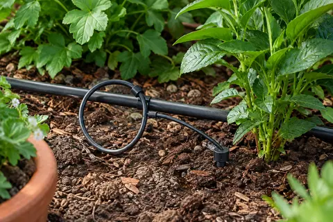 Tube capillaire noir de micro-irrigation raccordé à un goutteur dans un jardin planté.